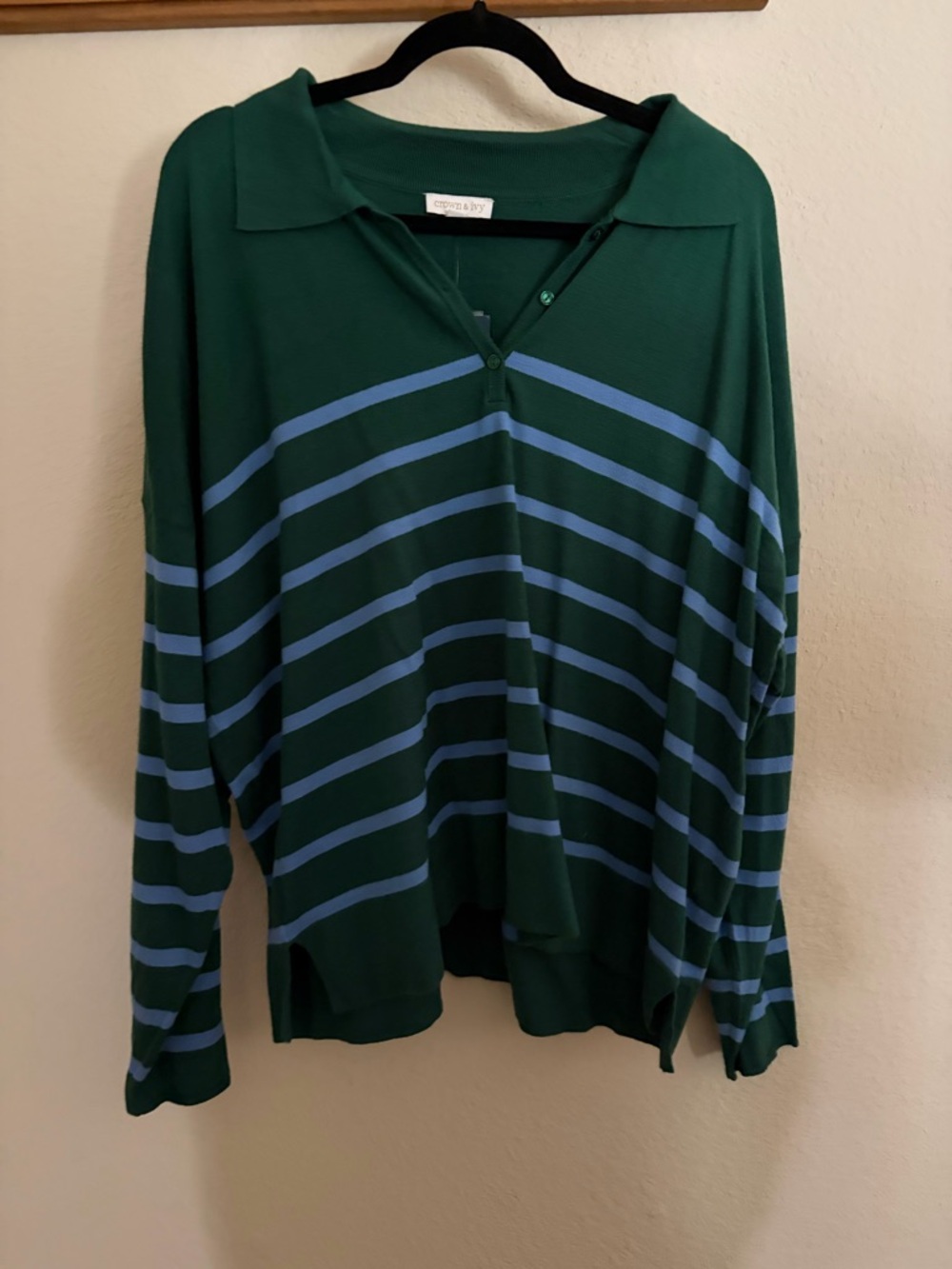 crown & ivy Green Polo Sweater with Light Blue Stripes